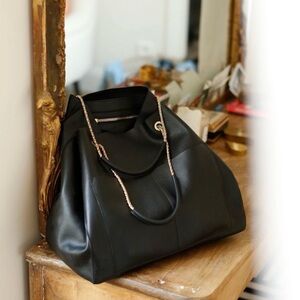 Sezane Black Leather Tote with Gold Accents